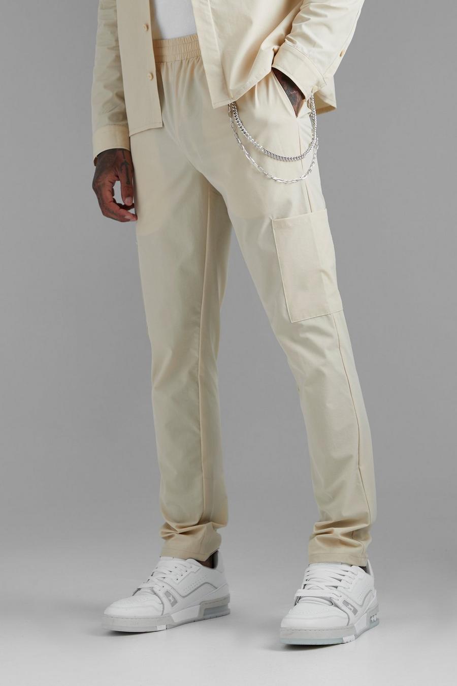 Ecru white Smart Cargo Skinny Jogger Trouser With Chain image number 1