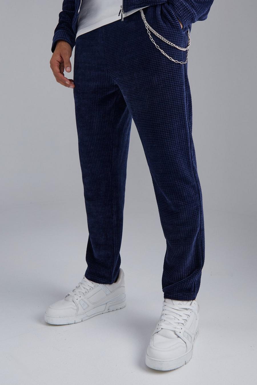Pantalón deportivo texturizado elegante con cadena, Dark blue image number 1