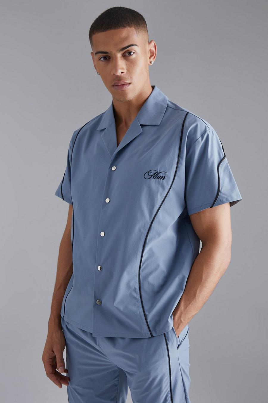 Slate blue Boxy Smart Piping Embroidered Shirt image number 1