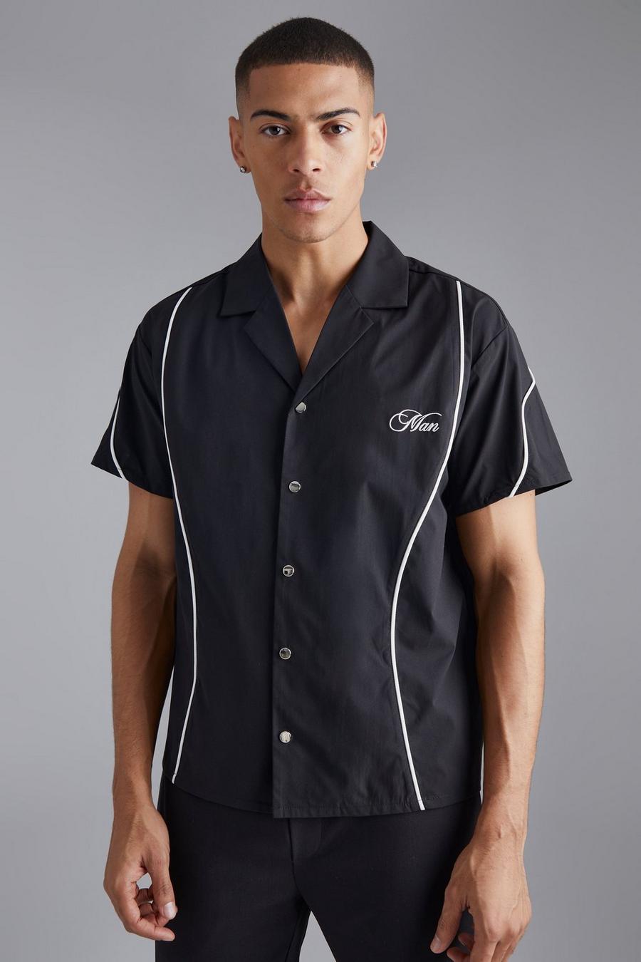 Camisa recta elegante con bordado y ribete, Black image number 1