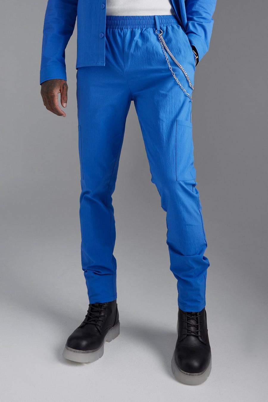 Cobalt blue Skinny Crinkle Cargo Chain Jogger Trouser