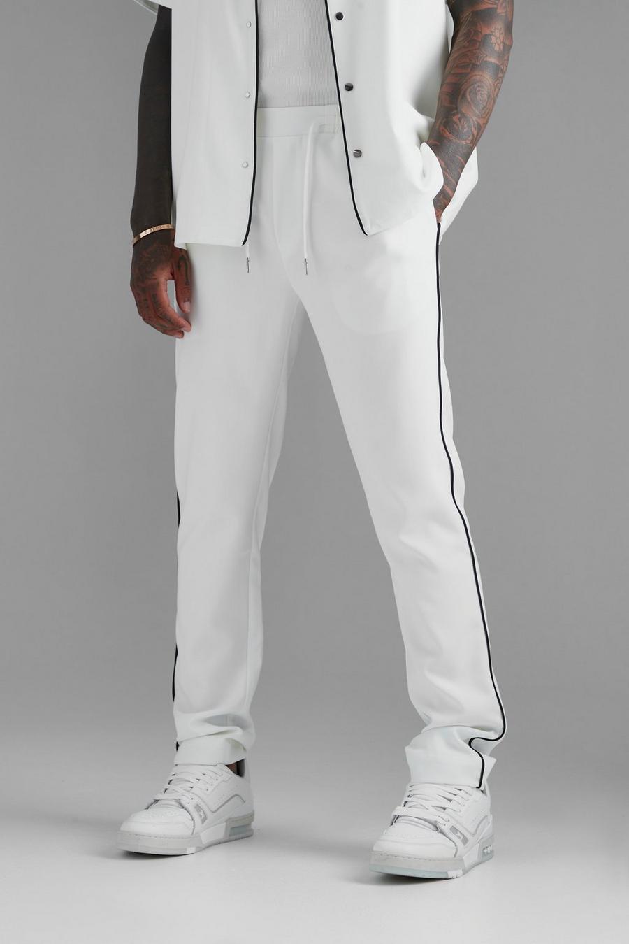 Pantalon élastiqué à surpiqûres, White blanc image number 1