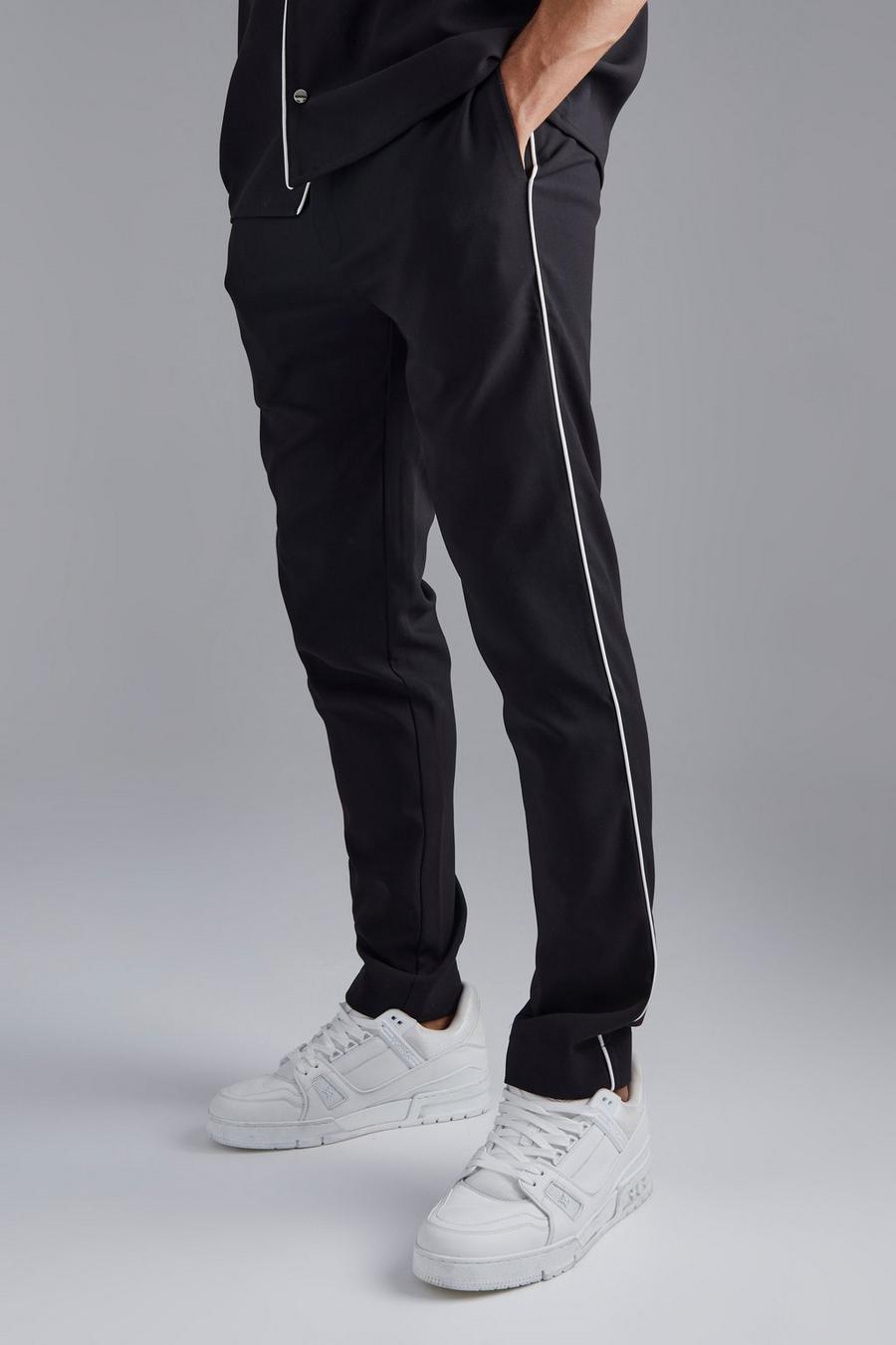 Black Elasticated Skinny Piping Trousers image number 1