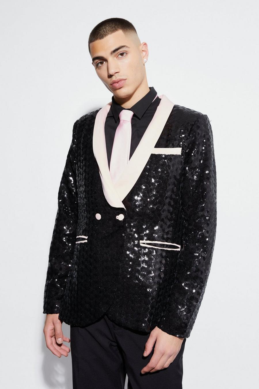 Black Slim Double Breasted Sequin Suit Jacket image number 1