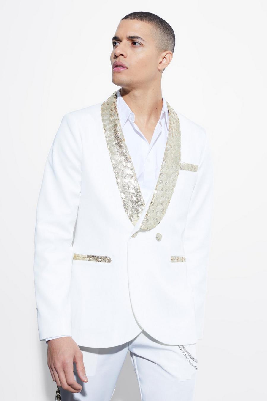 White Slim Fit Contrast Sequin Shawl Suit Jacket image number 1
