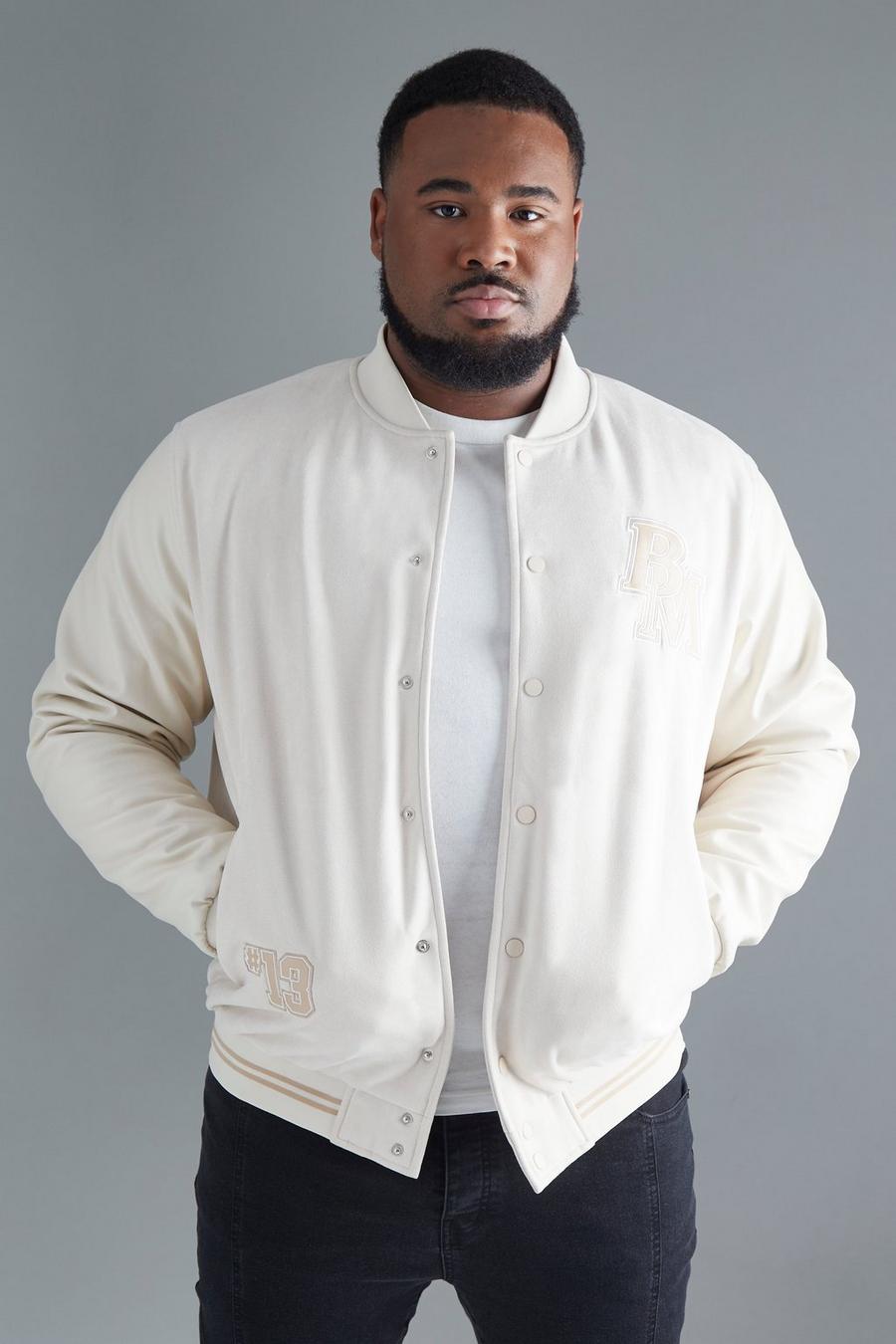 Ecru white Plus Suede Badge Bomber With Pu Sleeves