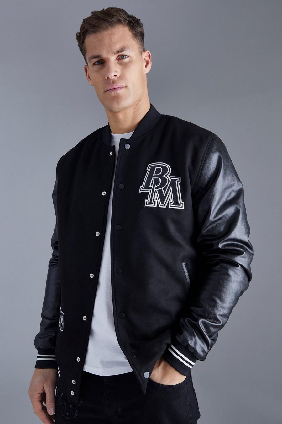 Black Tall Suede Badge Bomber With Pu Sleeves  image number 1
