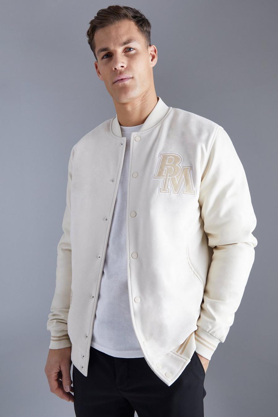 Ecru Tall Suede Badge Bomber With Pu Sleeves image number 1