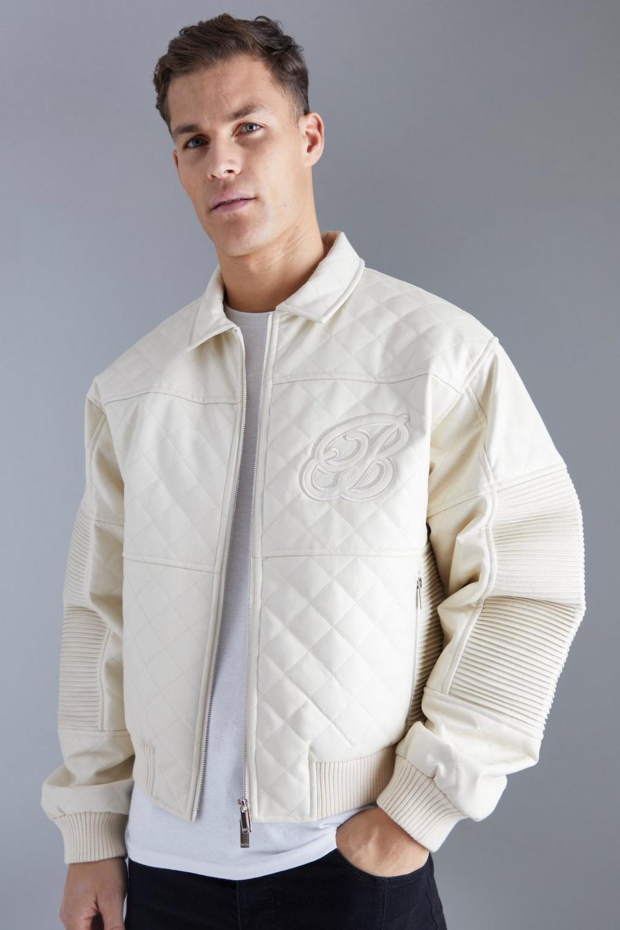 Ecru Tall Boxy Fit Pu Quilted Collared Bomber image number 1