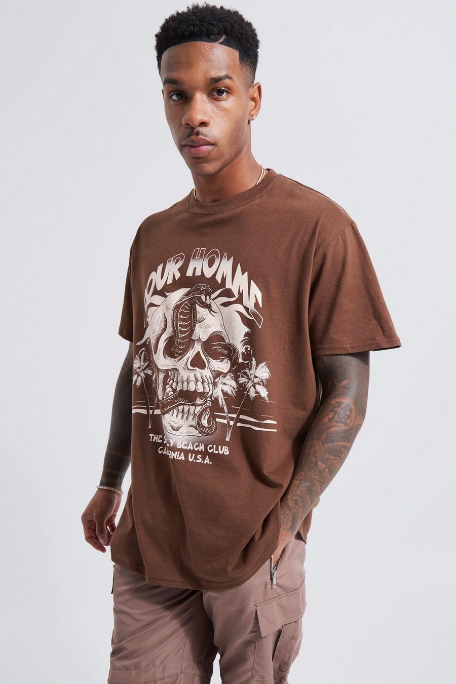 Chocolate Oversized Homme Skull Graphic T-shirt image number 1