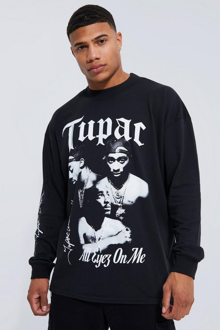 Langärmliges Oversize T-Shirt mit lizenziertem Tupac-Print, Black image number 1