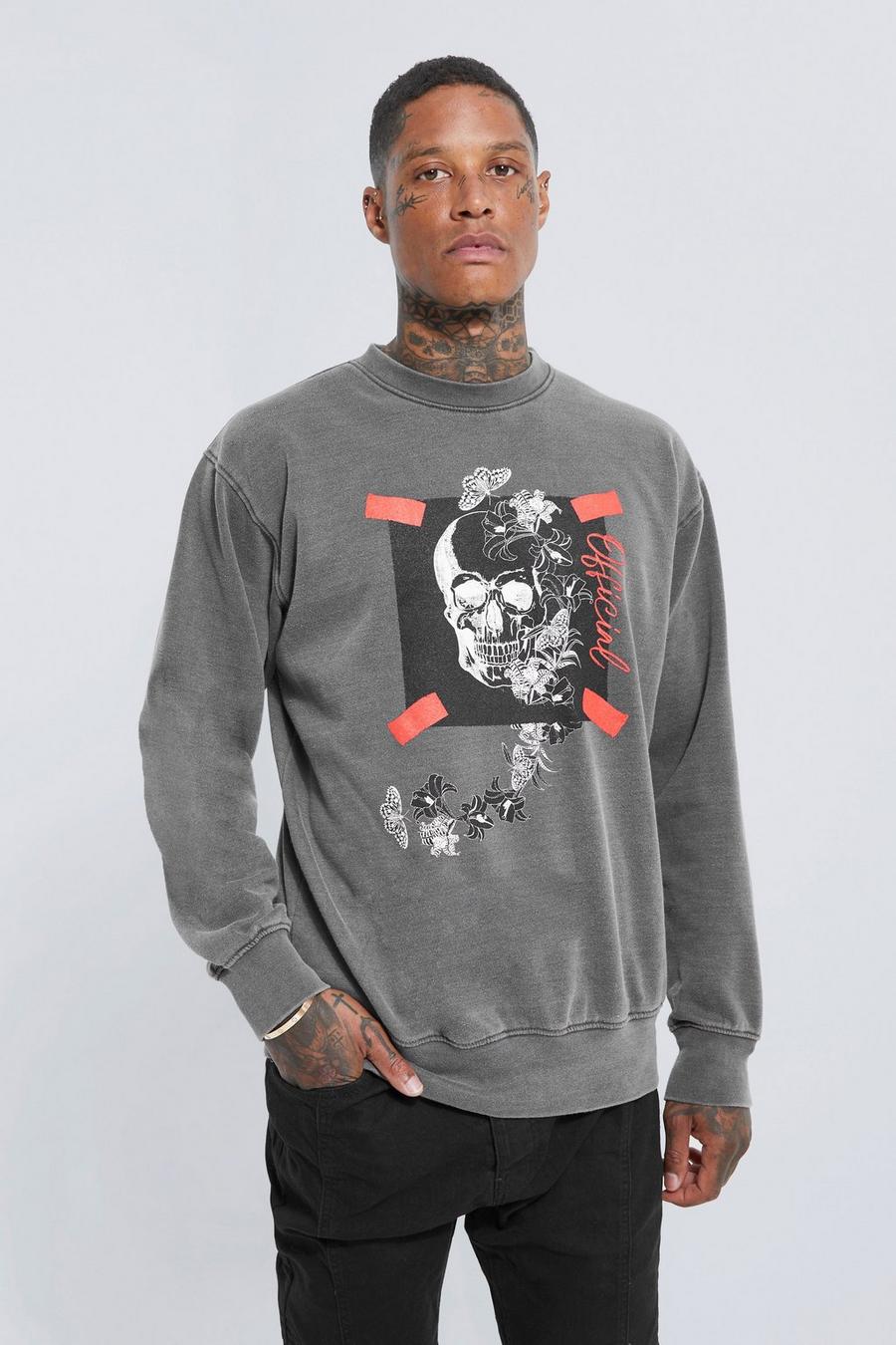 Charcoal grey Oversized Overdye Graphic Sweatshirt
