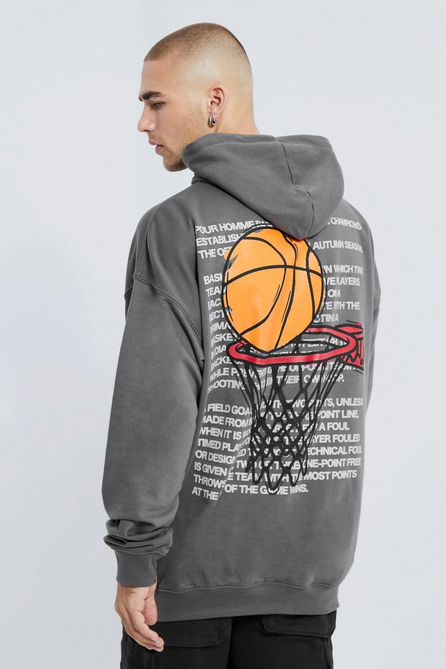Charcoal grey Oversized Basketball Graphic Hoodie