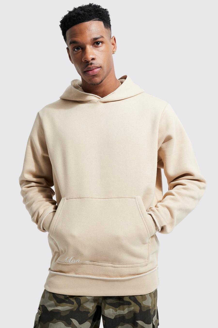 Sand Contrast Stitch Man Detail Hoodie image number 1