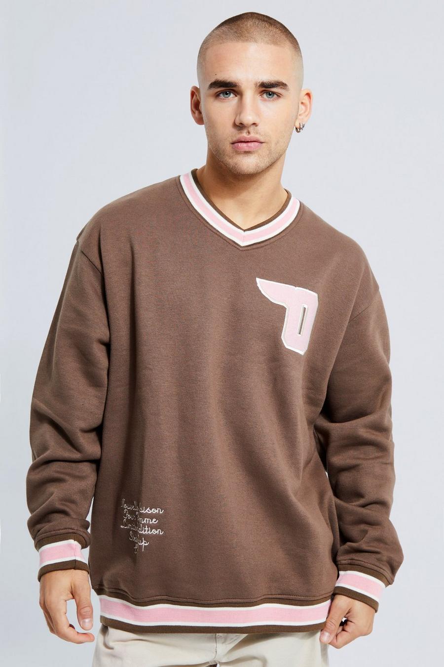 Chocolate brown Oversized V Neck Varsity Sweatshirt