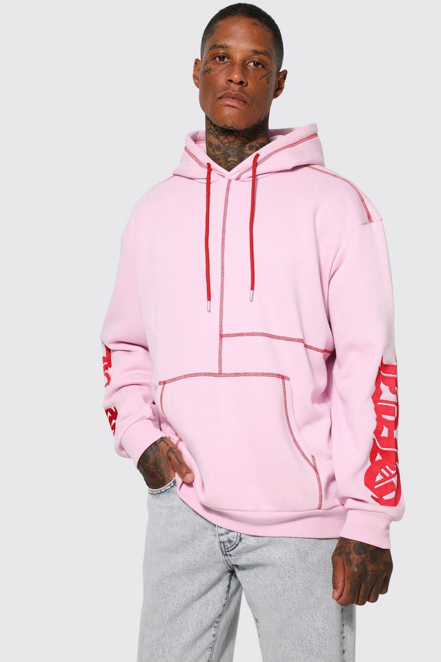 Pink Oversized Contrast Stitch Ofcl Hoodie image number 1