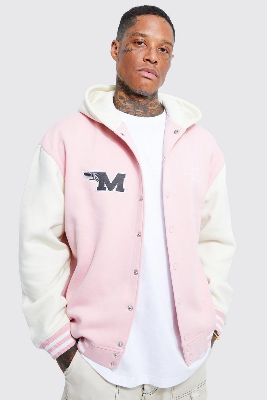 Pink rose Oversized Hooded Varsity Jersey Jacket
