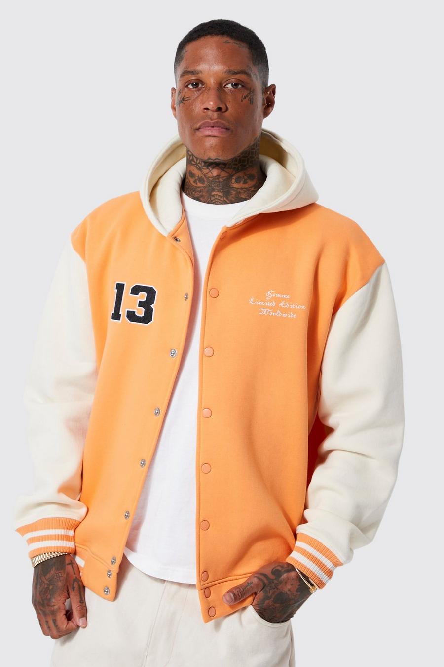 Oversized Hooded Varsity Jersey Jacket, Orange image number 1