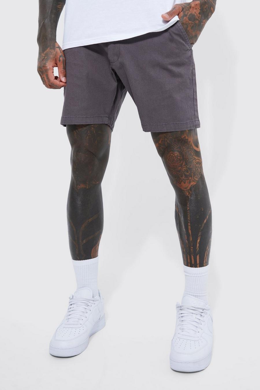 Grey grå Stretch Slim Fixed Waistband Chino Short image number 1