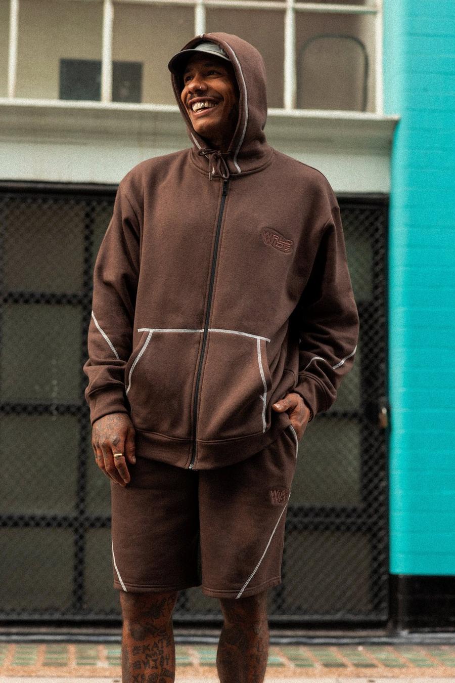 Brown Oversized Worldwide Hooded Short Tracksuit image number 1