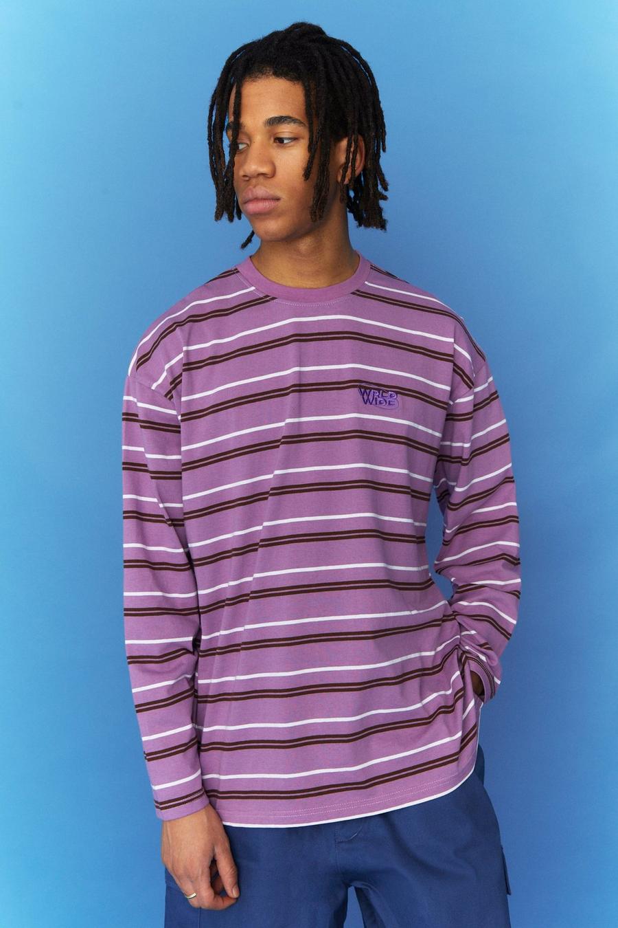 Purple Oversized Worldwide Long Sleeve Stripe T-shirt image number 1