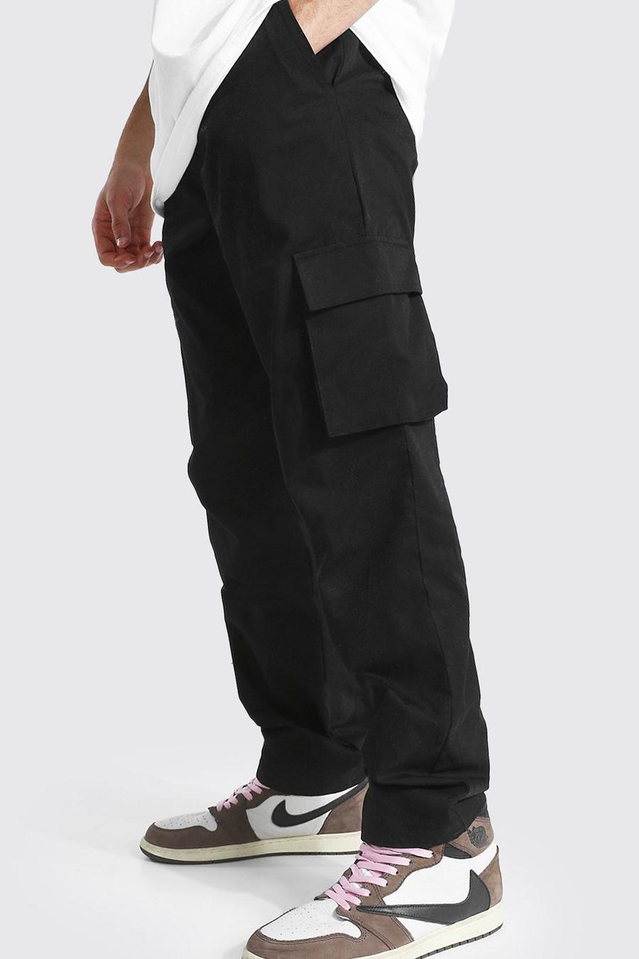 Black Fixed Waist Relaxed Fit Cargo Chino Pants