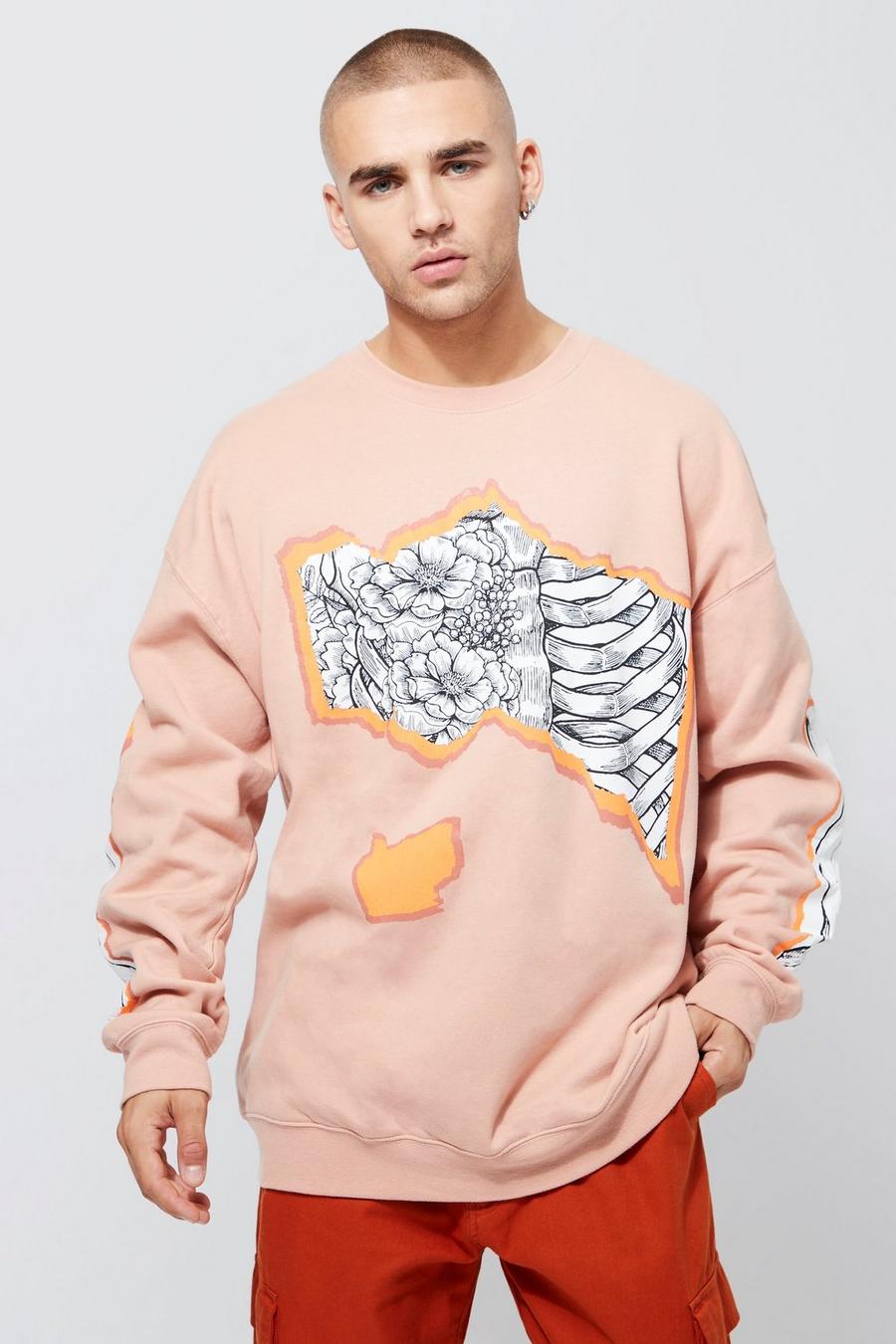 Pink Oversized Skeleton Print Sweatshirt image number 1