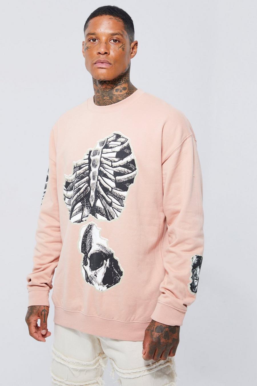 Pink Oversized Skeleton Puff Print Sweatshirt image number 1