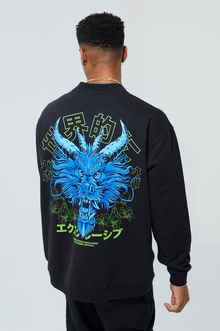 Black Oversized Extended Dragon Graphic Sweatshirt