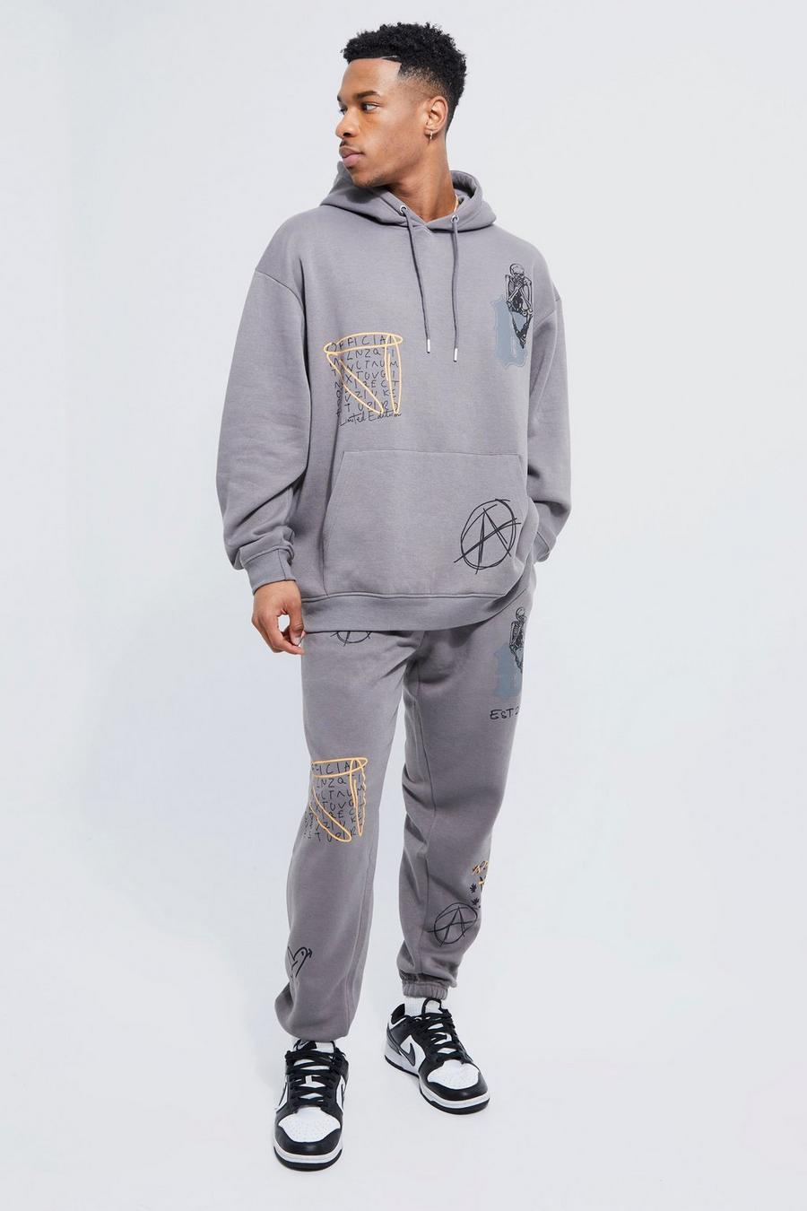 Charcoal grey Lightweight Oversized Graffiti Hooded Tracksuit