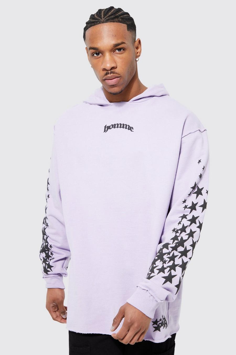Lilac Oversized Raw Edge Star Graphic Hoodie image number 1