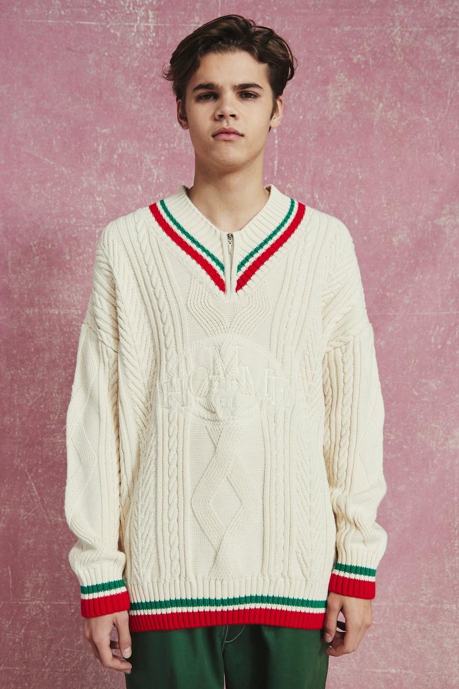 Ecru blanco Extended Rib Zip Neck Cable Knit Oversized Jumper