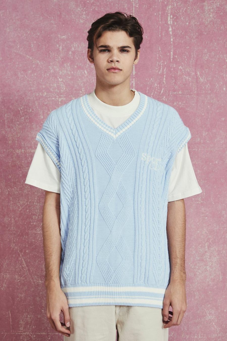 Pale blue Oversized Cable Knit Sports Club Vest image number 1