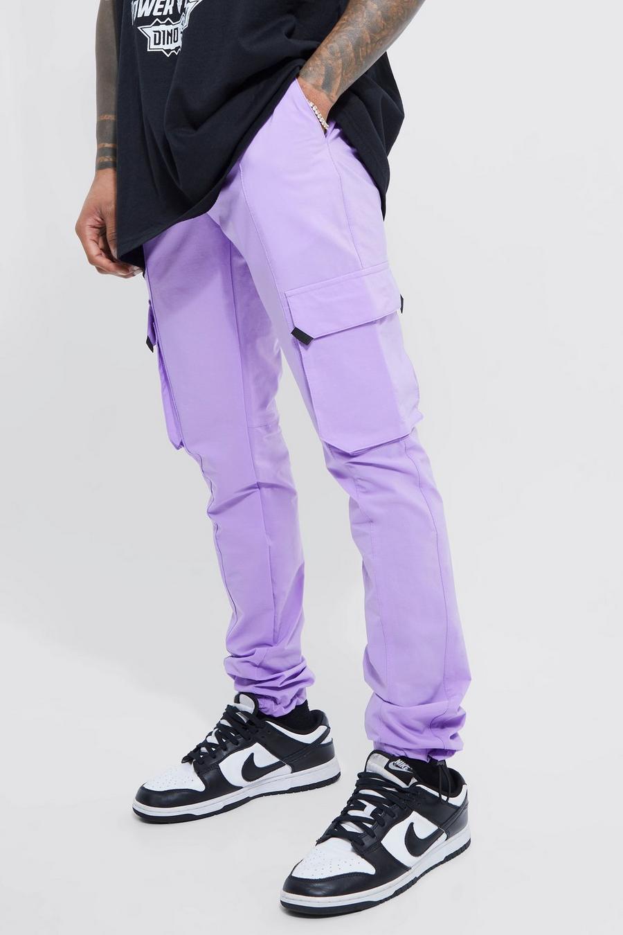 Pantaloni Cargo Slim Fit con vita elasticizzata e fermacorde, Purple viola