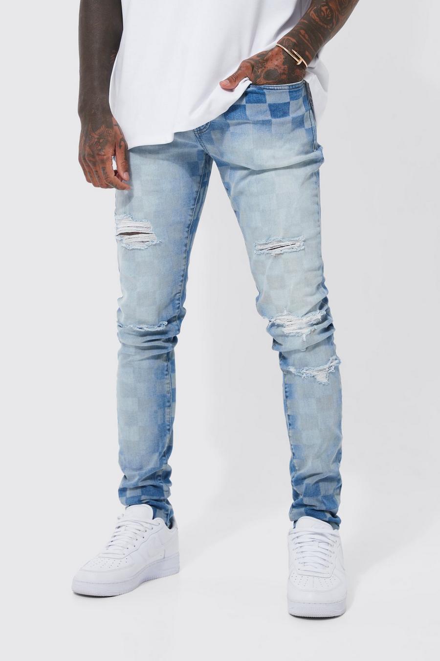 Ice blue Skinny Stacked Jeans With Checkerboard Print