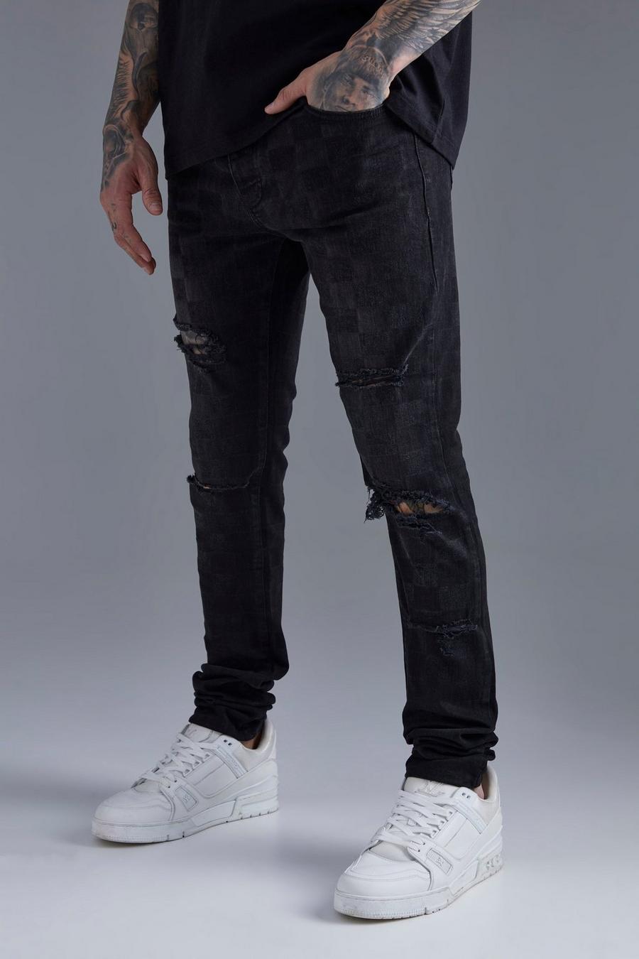 Washed black Skinny Stacked Jeans With Checkerboard Print  image number 1