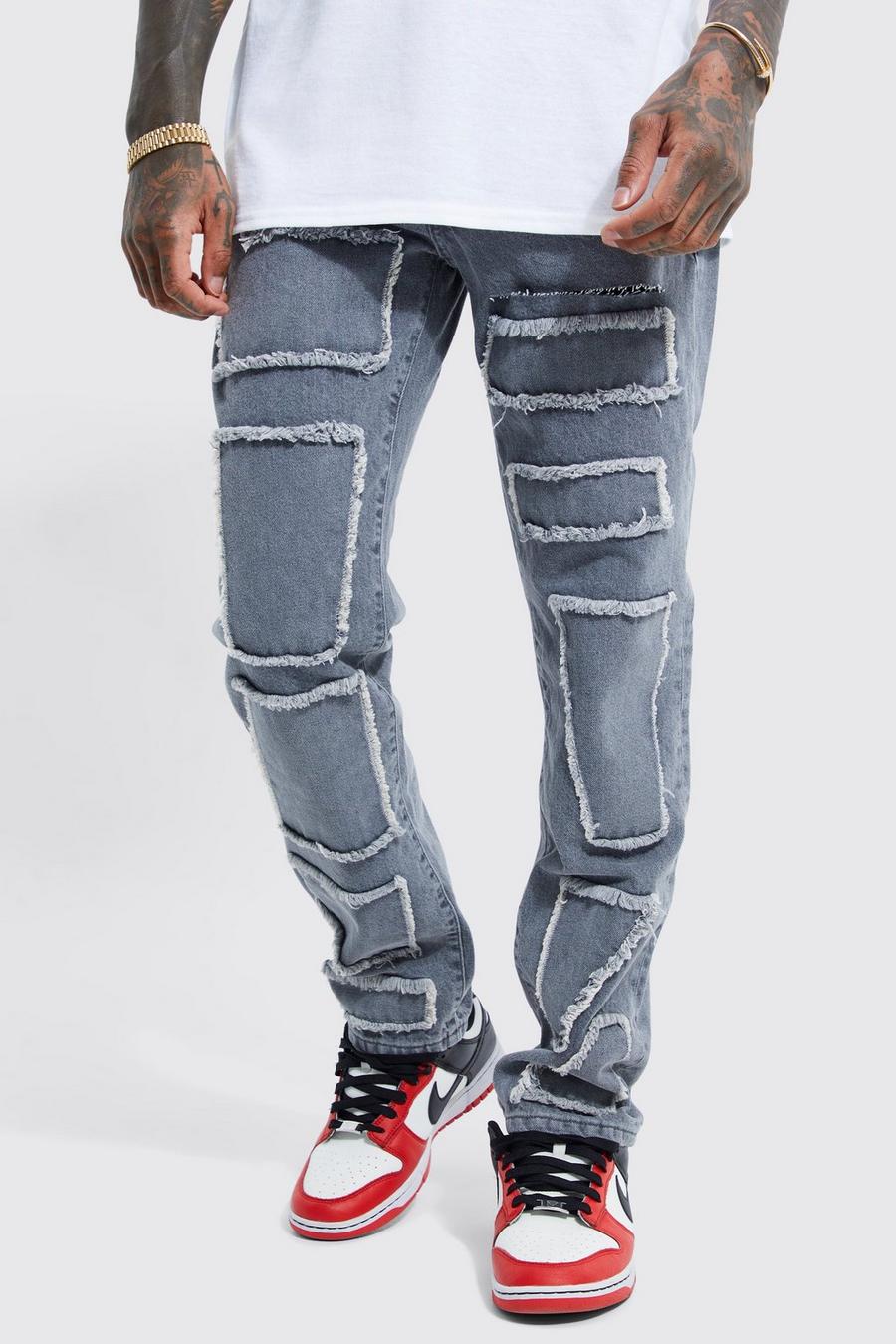 Mid grey Straight Leg Rigid Patchwork Jeans 