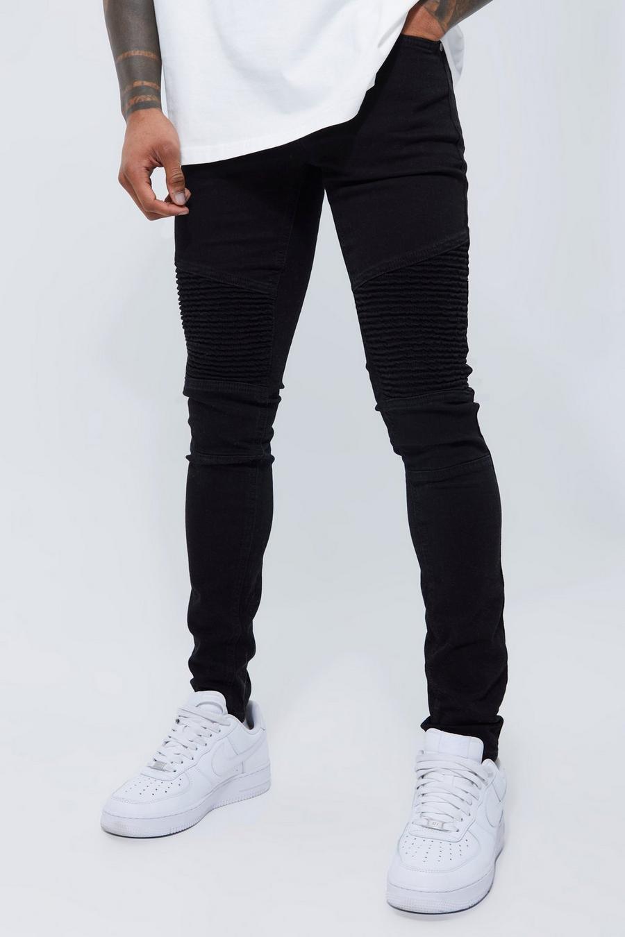 Skinny Stretch Biker Panelled Jeans, True black image number 1