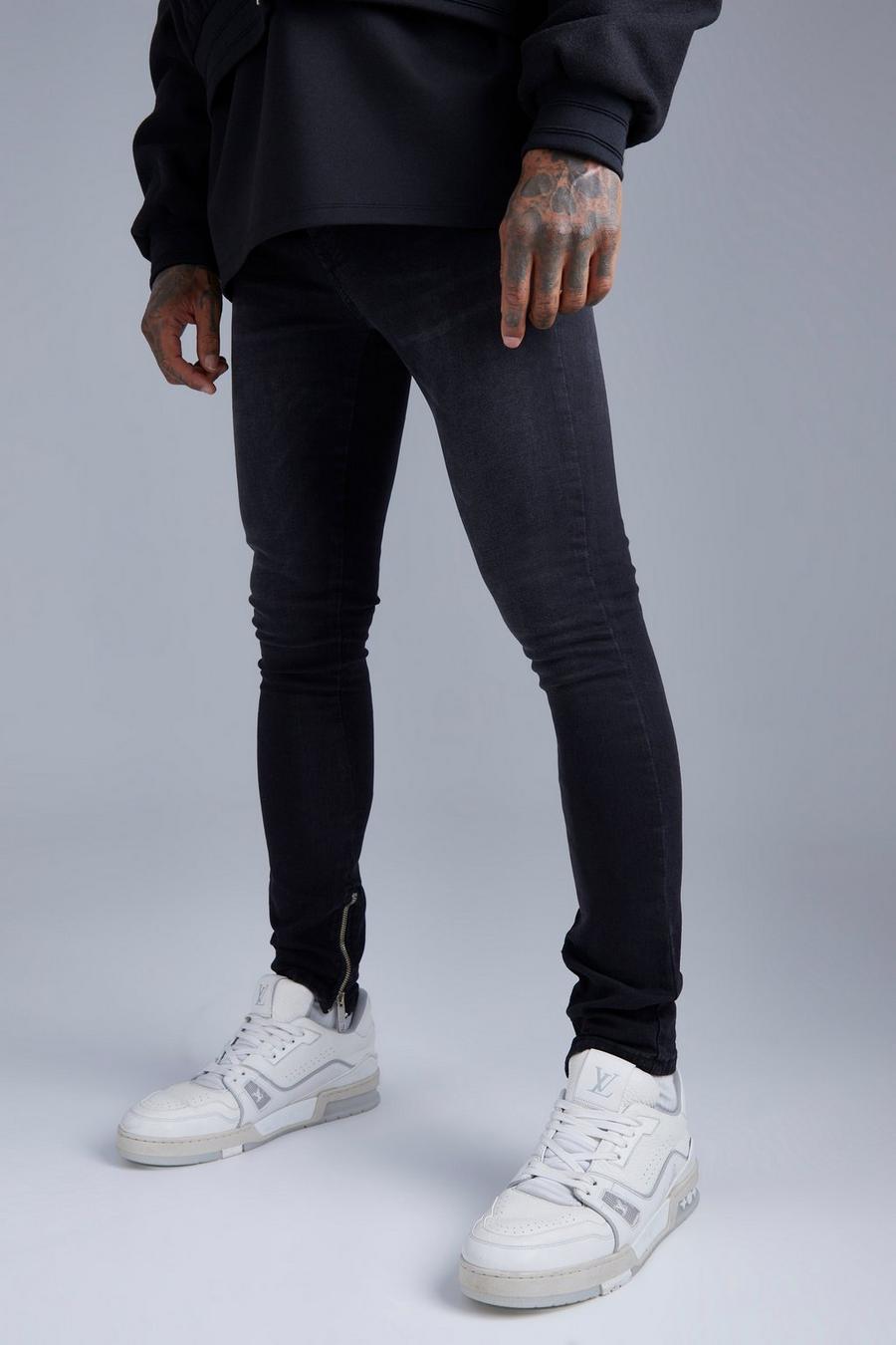 Washed black Super Skinny Stretch Jeans With Zip Hem