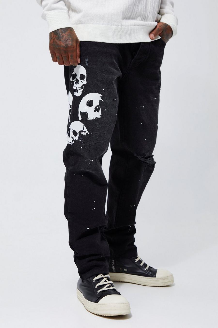 Washed black Straight Fit Skull Print Jeans With Knee Rip image number 1