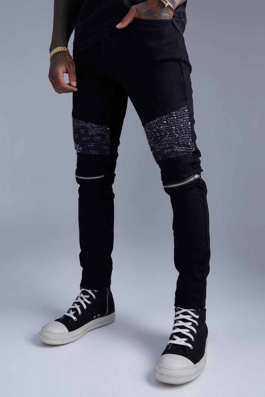 True black Stretch Bandana Print Skinny Biker Jeans image number 1