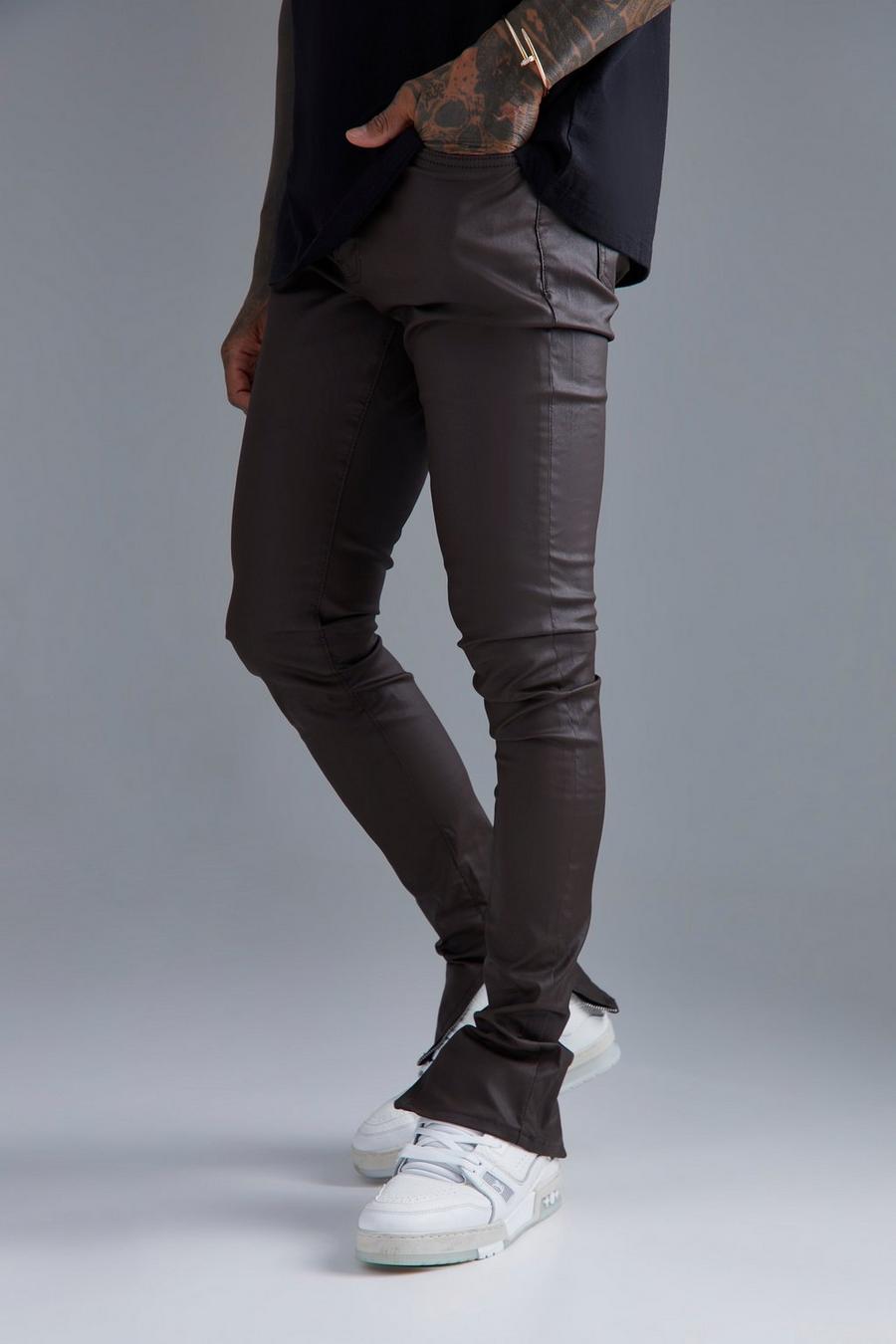 Dark brown Stacked Skinny Jeans Met Coating Met Zoom Rits image number 1