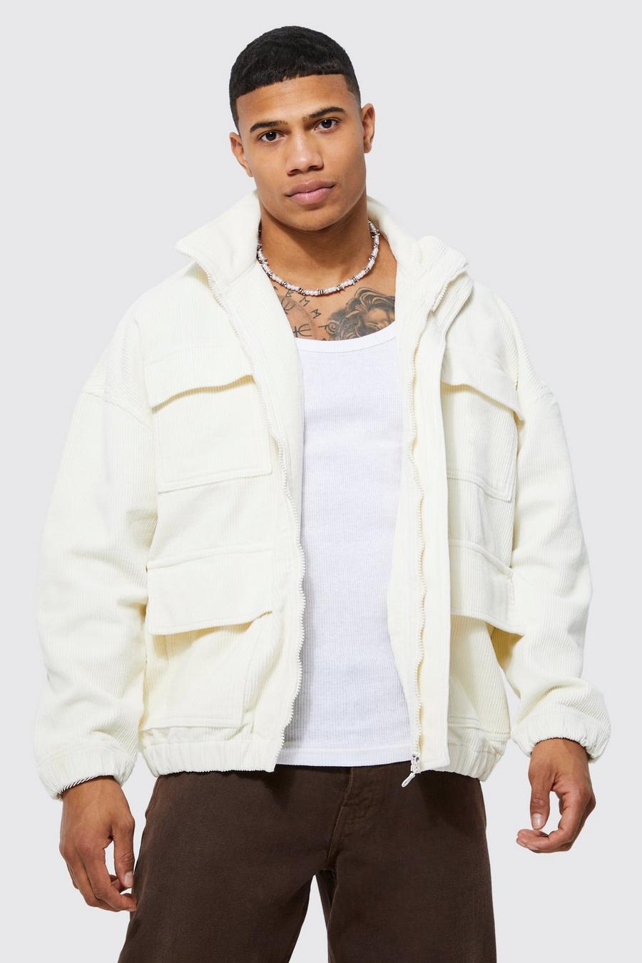 Oversized Cord Utility Jacket, Ecru white