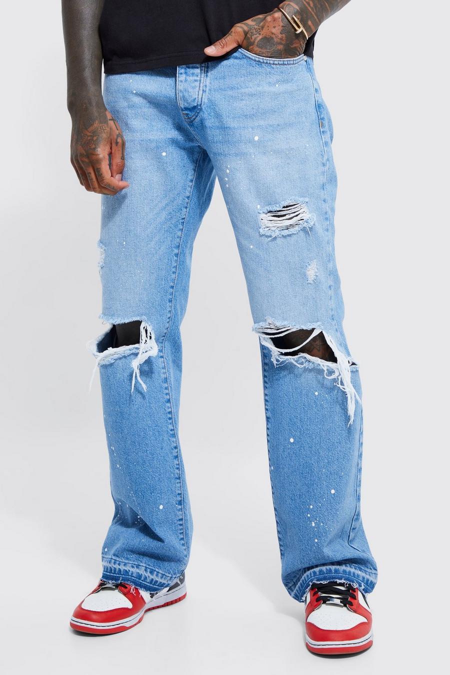 Light blue Relaxed Flare Ripped Paint Splatter Jeans image number 1