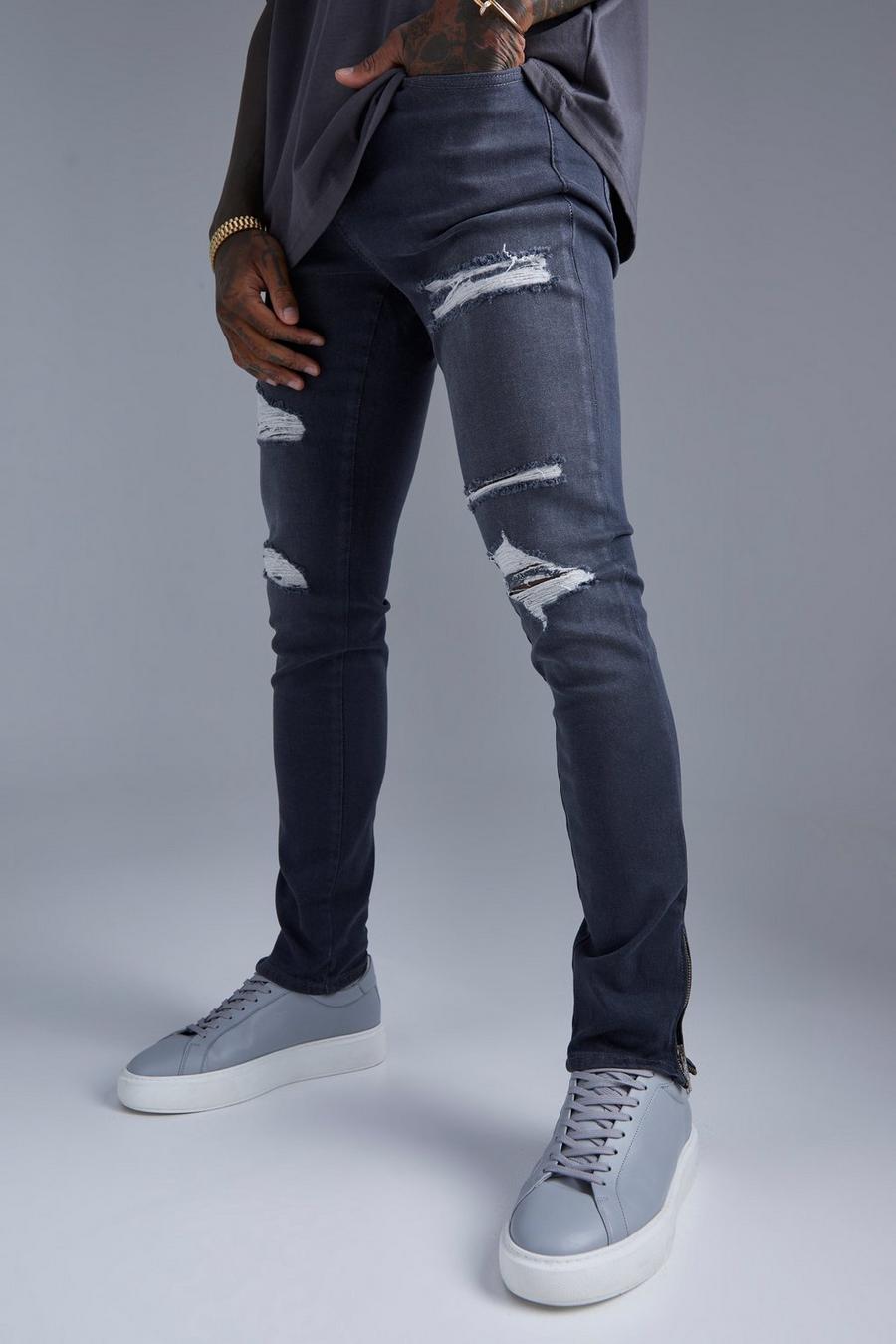 Dark grey Skinny Stretch Ripped Jeans With Zip Hem image number 1