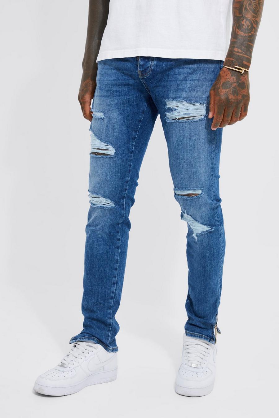 Mid blue Skinny Stretch Ripped Jeans With Zip Hem image number 1