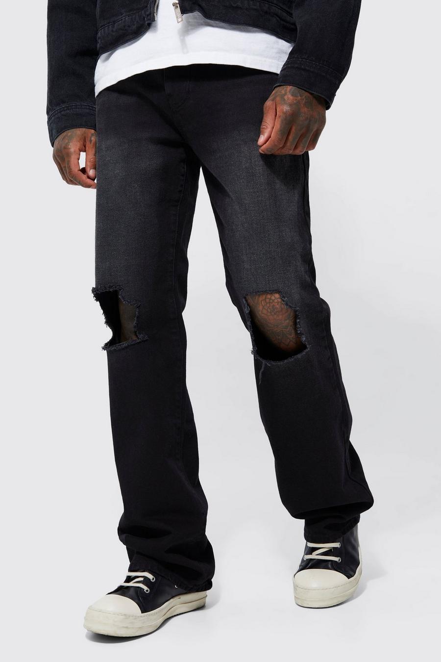 Pantaloni a zampa rilassati in denim rigido con strappi sul ginocchio, True black image number 1