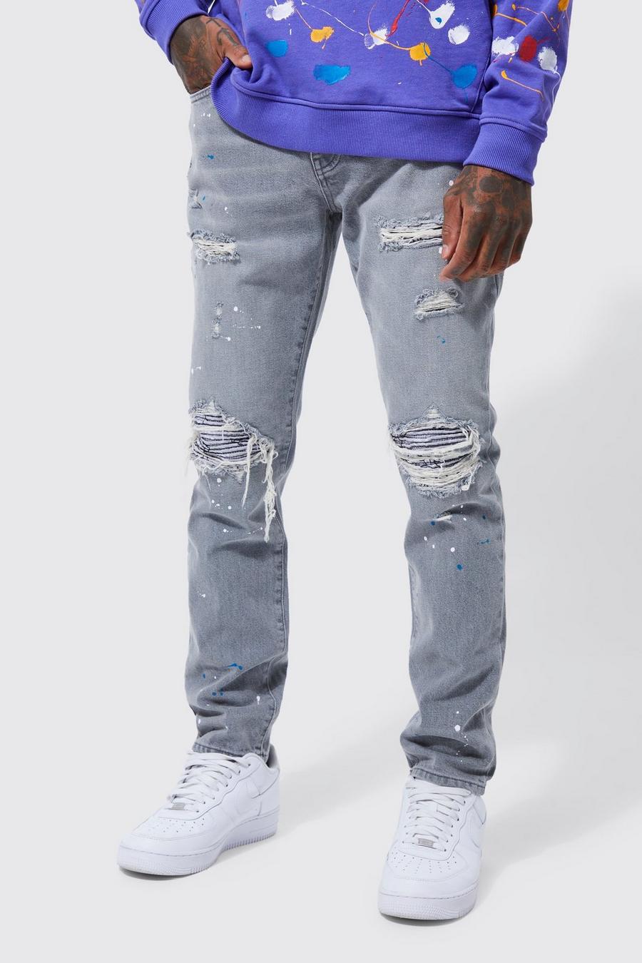 Mid grey Slim Fit Rip & Repair Jeans Met Verfspetters image number 1