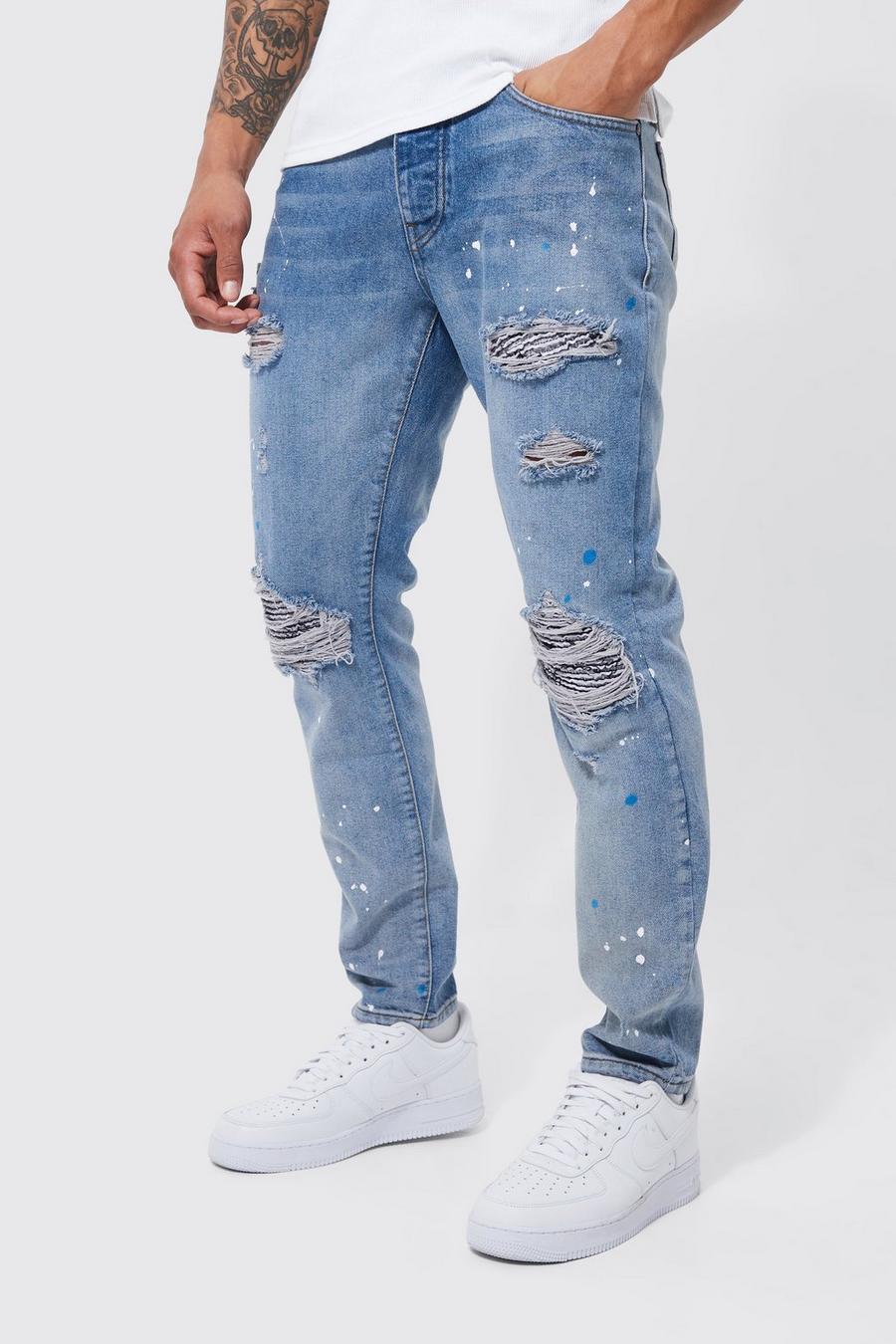 Slim Fit Rip & Repair Paint Splatter Jeans, Antique wash azul