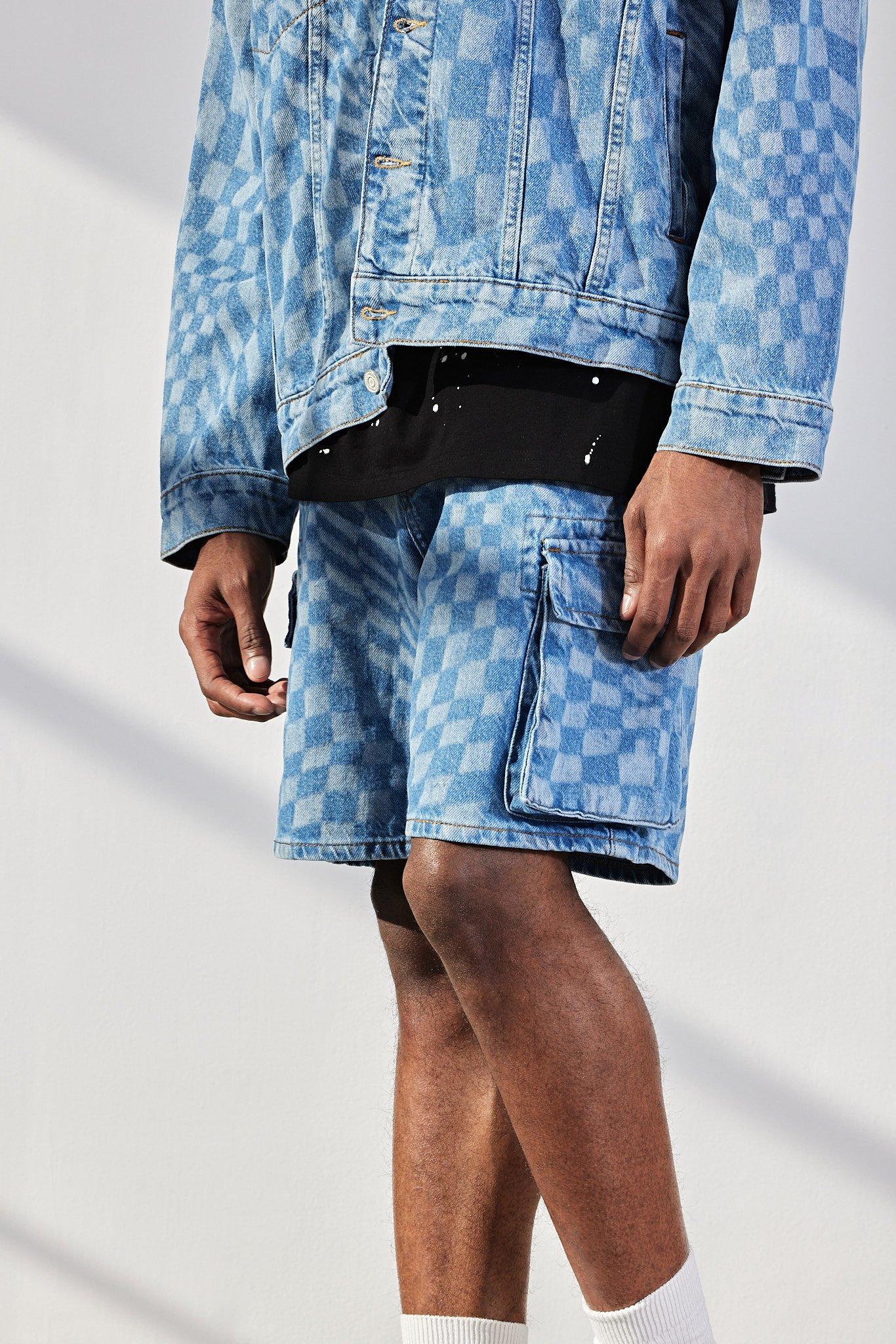 Laser Check Denim Cargo Shorts